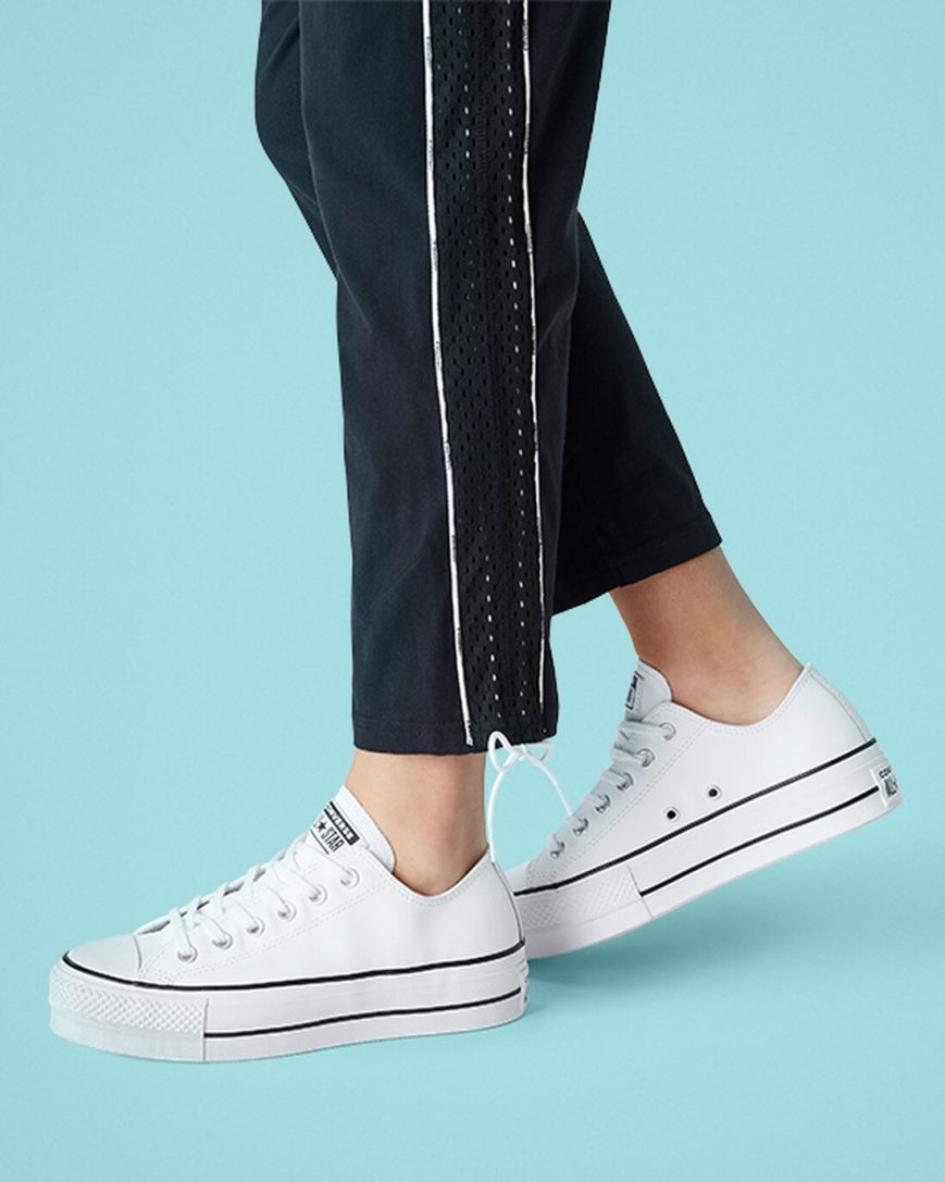 Zapatos Plataforma Converse Chuck Taylor All Star Lift Cuero Bajas Mujer Blancas Negras Blancas | PE WL0P82